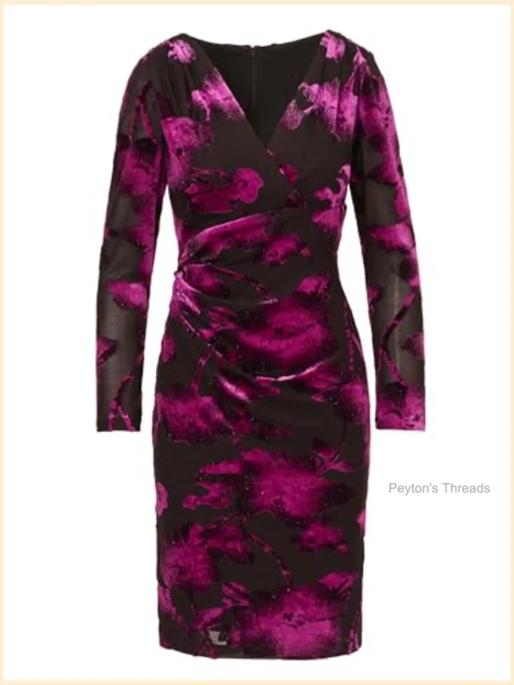 Velvet Midi Dress with V-Neckline and Long Sleeves - Picture 5 of 5